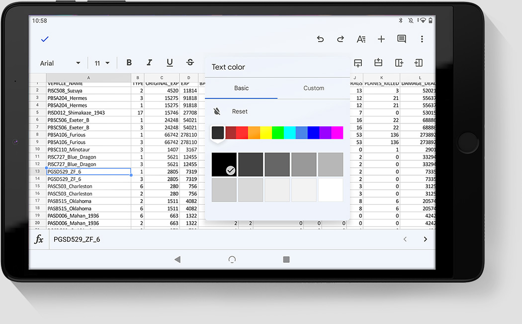 tab 10 tablet display spreadsheets